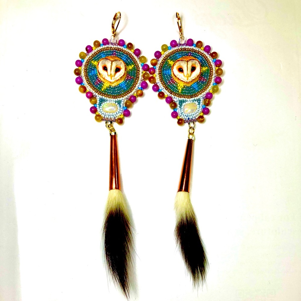 Australian Opal Beaded Beadwork Owl Gemstone Jewelry w/ Ermine Weasel Tail